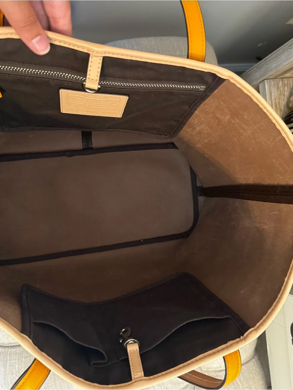 Coach Dark Brown Tote with Orange Trim and Handles